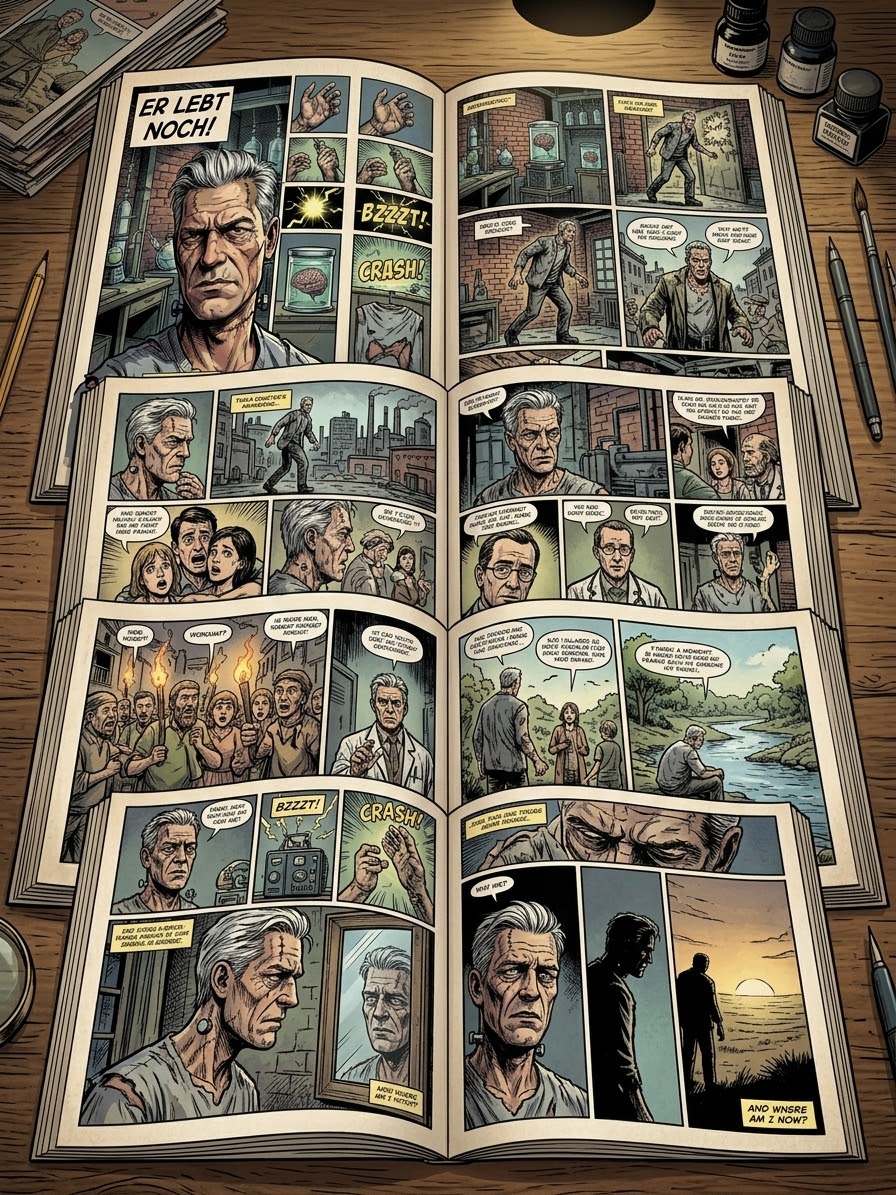 Mehrere Comic-Panels aus dem Frankenstein-Projekt