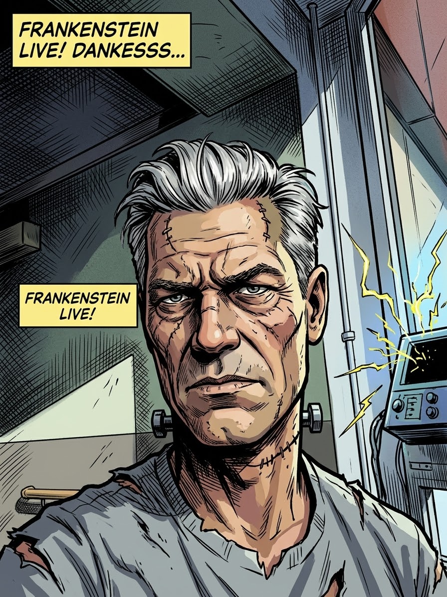 Comicseite mit Frankensteins Gesicht und elektrischer Maschine