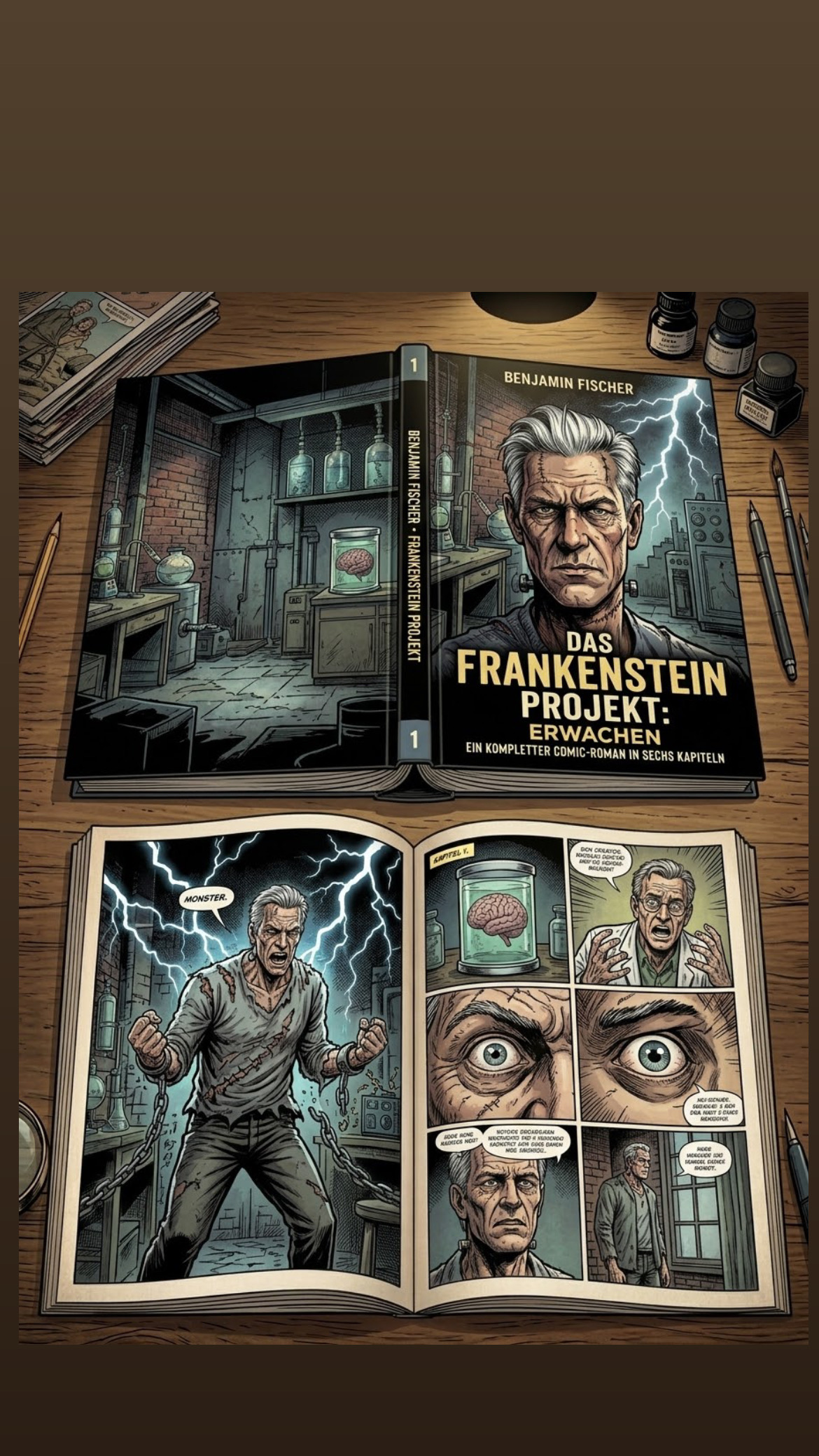 Die Erstausgabe liegt auf einem Holztisch neben aufgeschlagenen Comicseiten