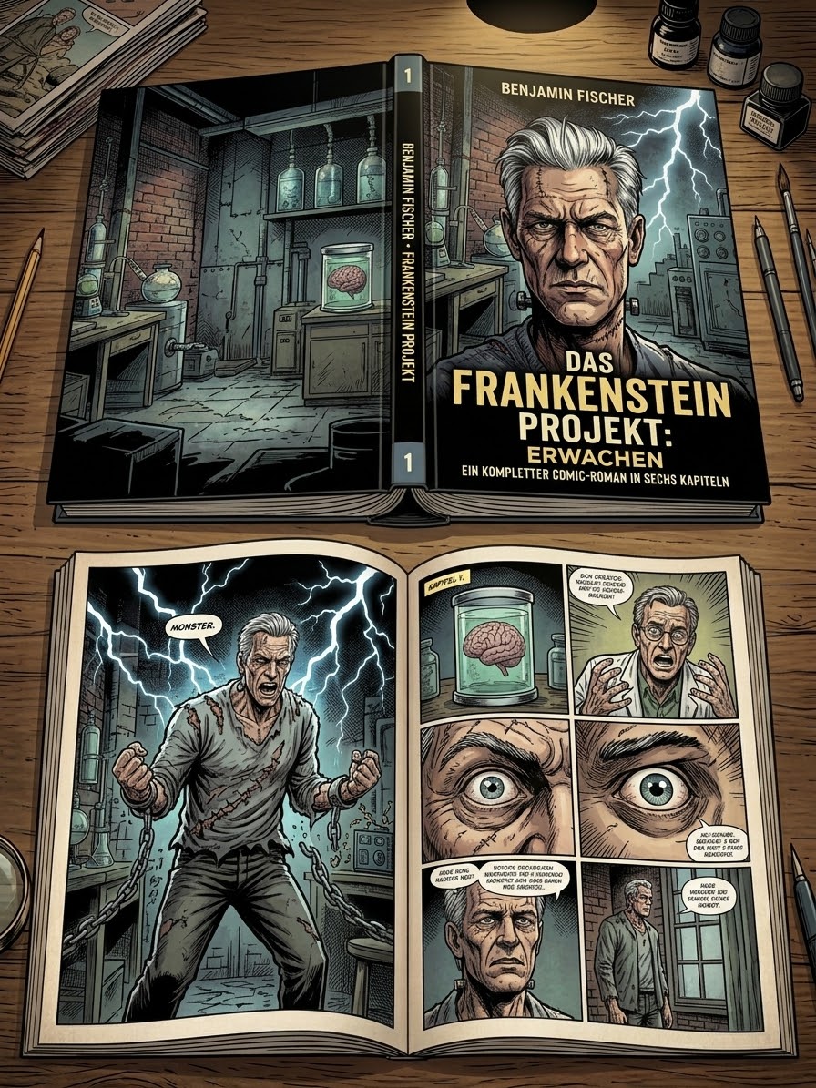 Aufgeschlagenes Frankenstein-Comic mit Labor und Titelseite
